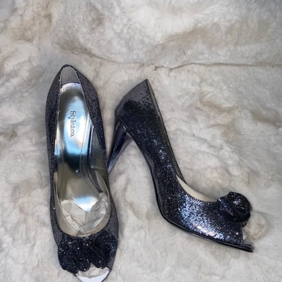 Black Sequin Peep Toe Heels - Picture 2 of 3